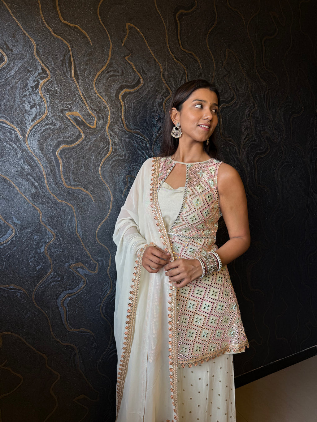 Frosted Pearl Embroidered Kurta With Palazzo And Styled Dupatta