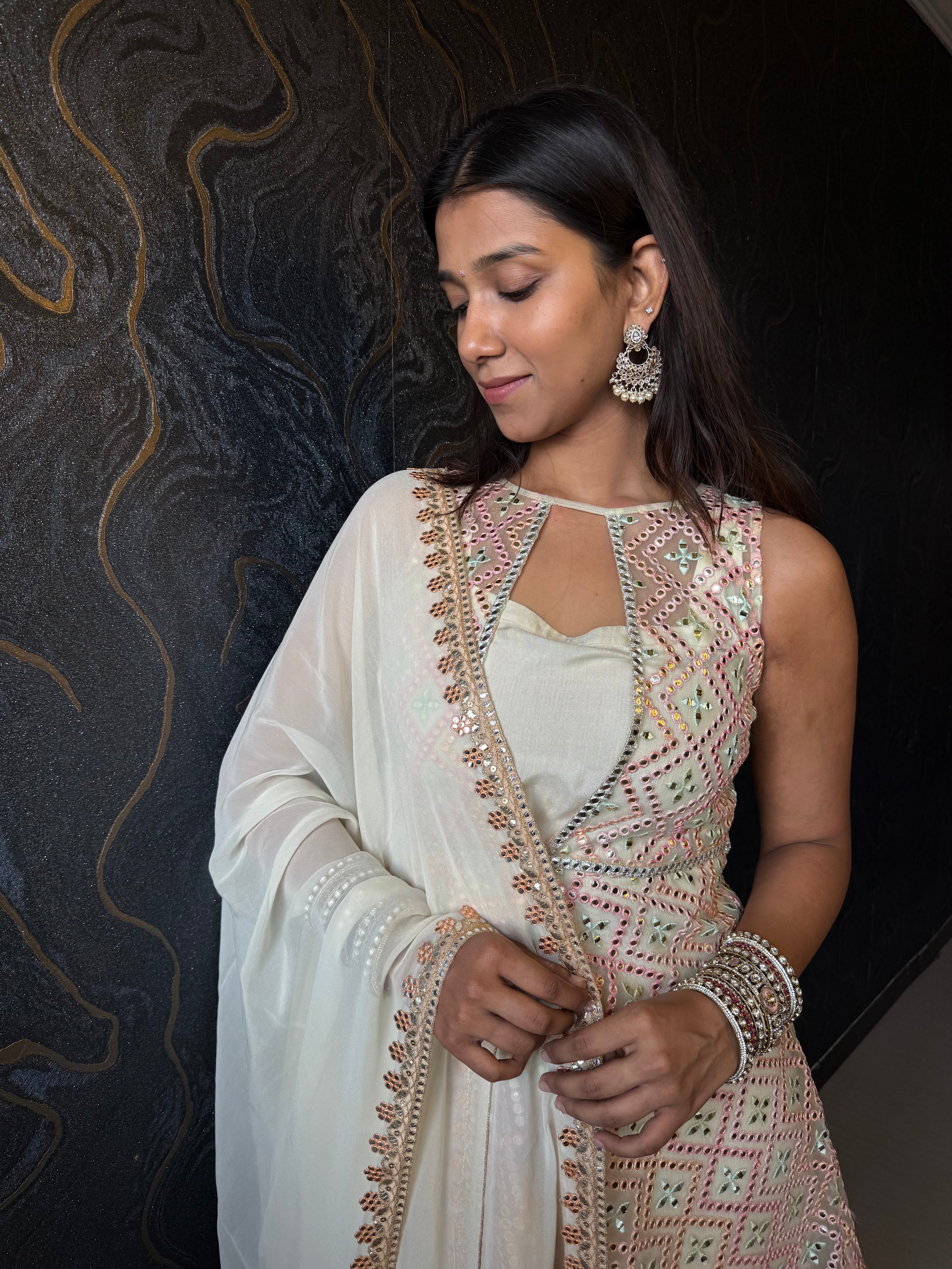Frosted Pearl Embroidered Kurta With Palazzo And Styled Dupatta