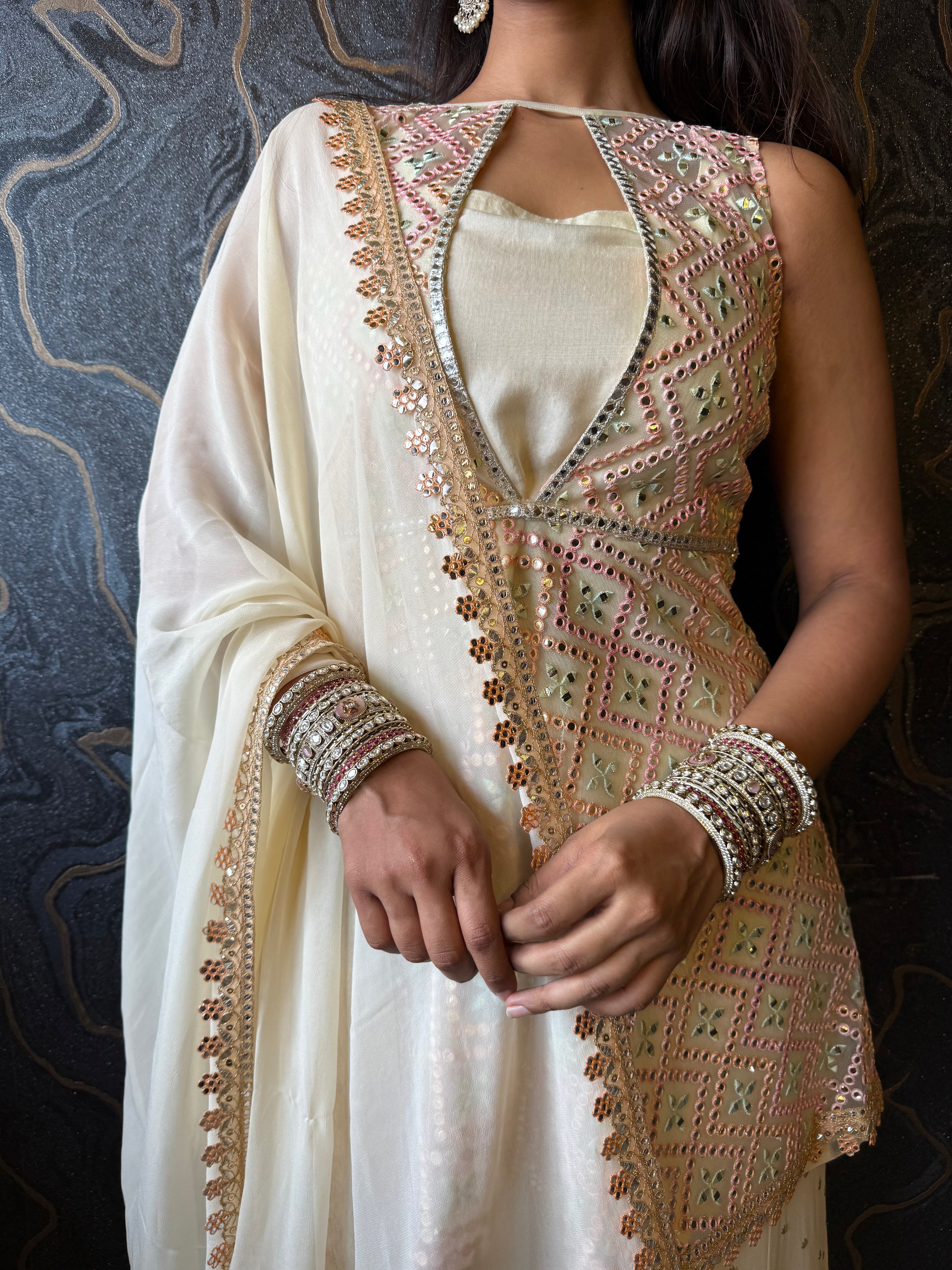 Frosted Pearl Embroidered Kurta With Palazzo And Styled Dupatta