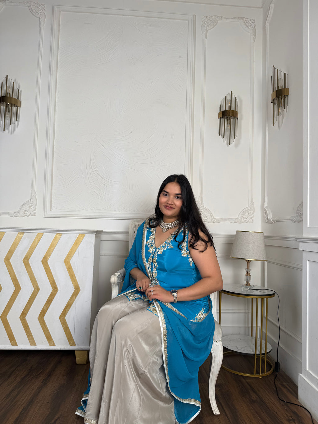 Azure Pearl Embroidered Kurta With Palazzo And Styled Dupatta