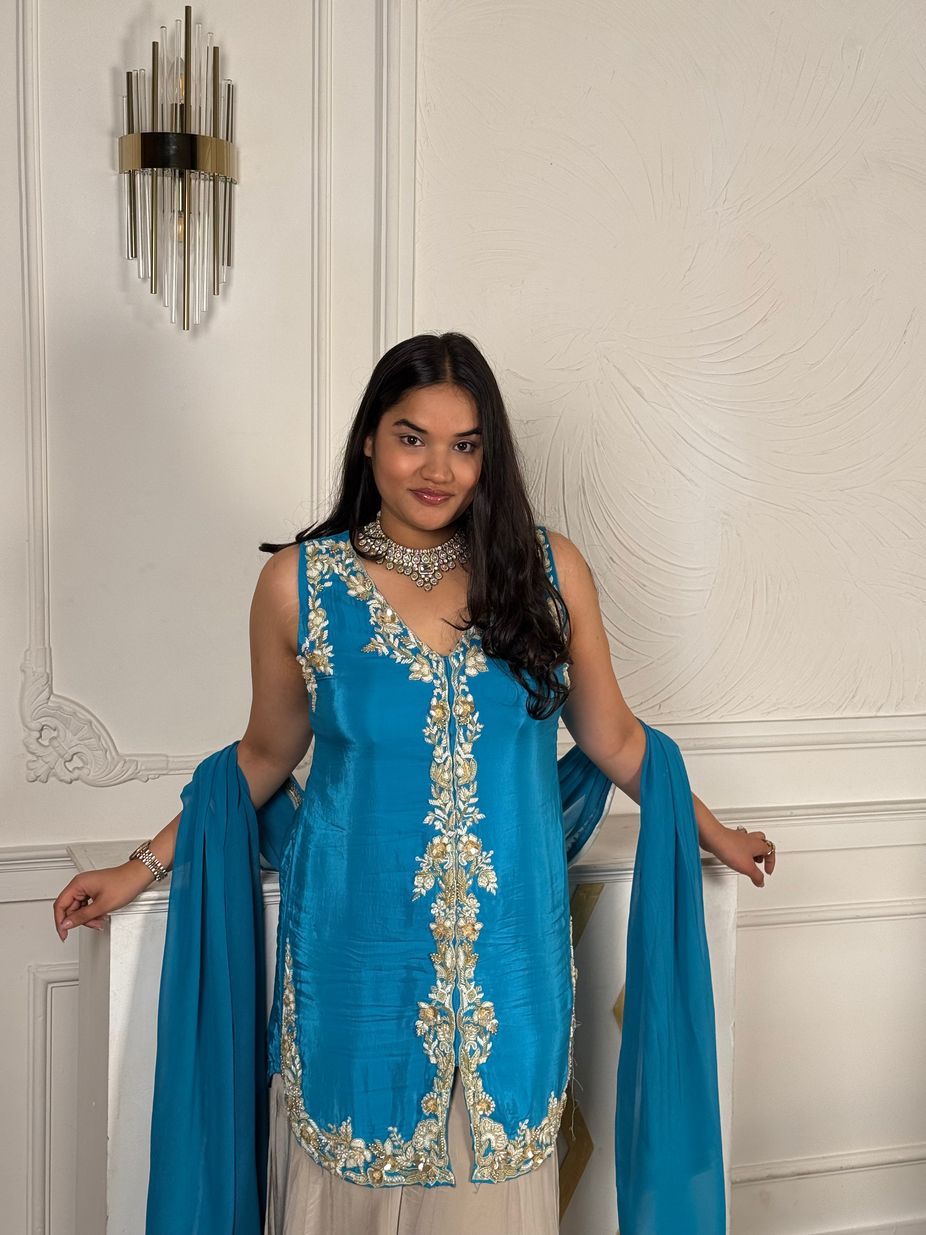 Azure Pearl Embroidered Kurta With Palazzo And Styled Dupatta