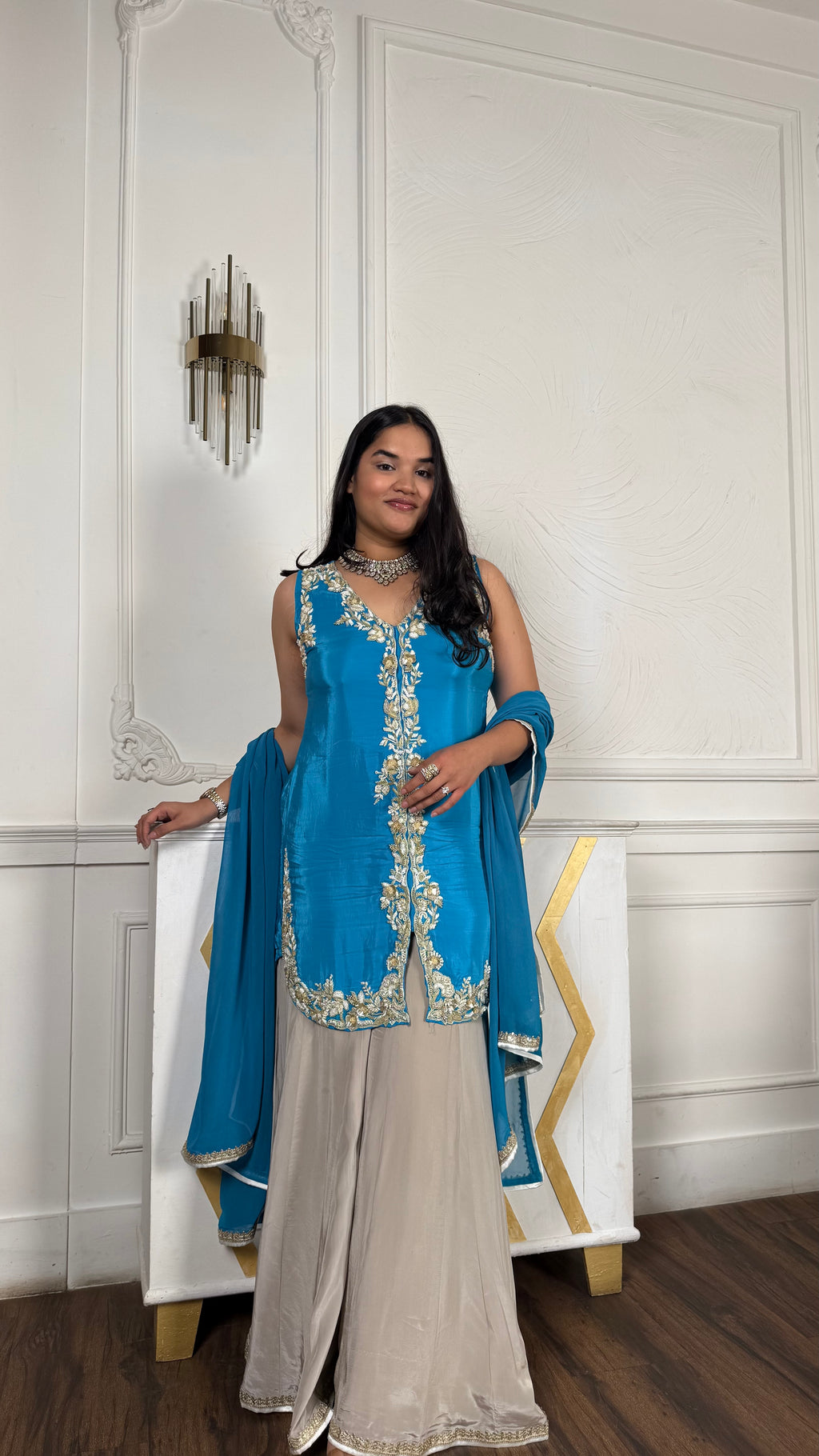 Azure Pearl Embroidered Kurta With Palazzo And Styled Dupatta