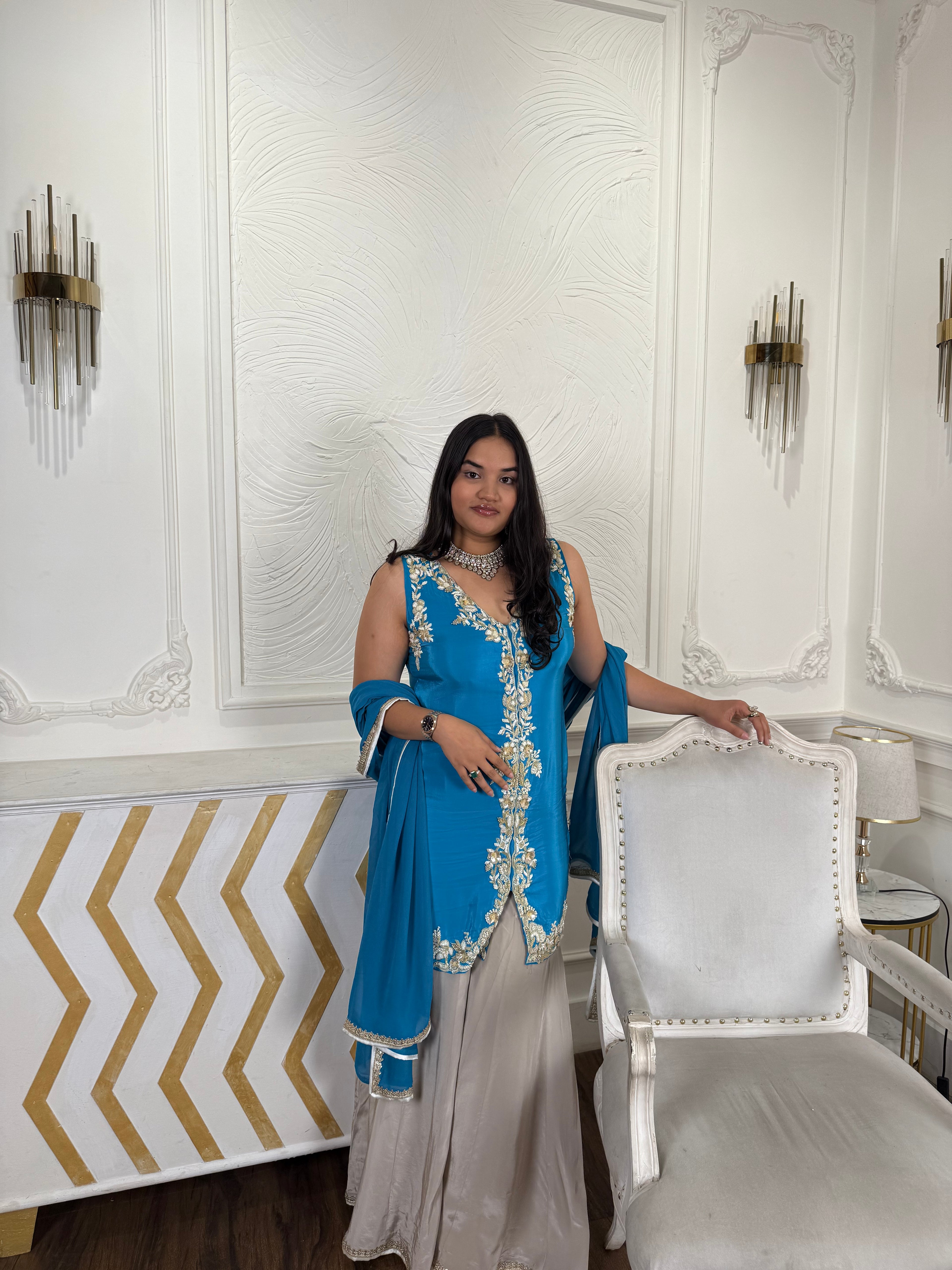 Azure Pearl Embroidered Kurta With Palazzo And Styled Dupatta
